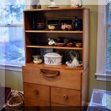 F40. Maple hutch with leather wrapped pulls. 64”h x 36”w x 16”d 